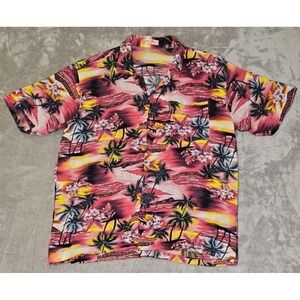 Exotic Hawaiian Shirt Men's XL‎ Pink Island Palm Tree All Over Print Resort Wear